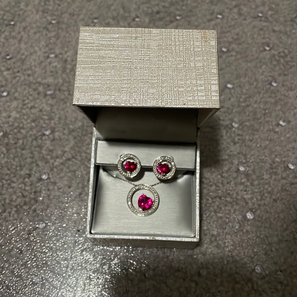 Red and White Ruby Frame Pendant and Stud Earrings Set in Sterling Silver